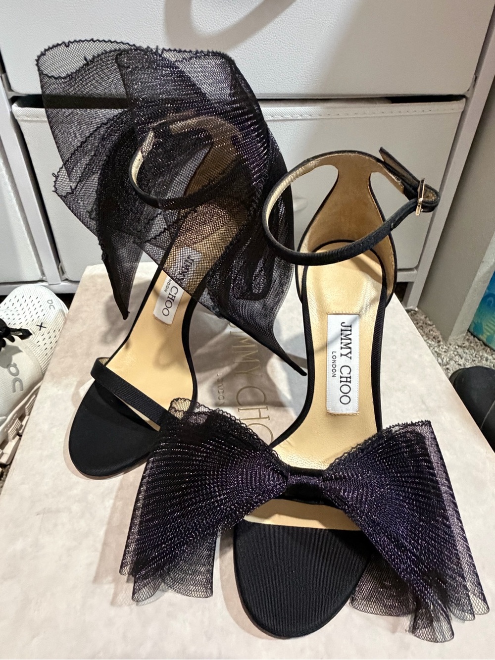 Jimmy Choo Aveline Black Tulle Bow Ankle-Strap Sandals